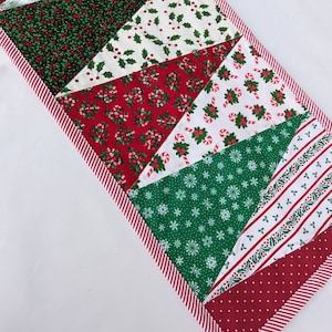Christmas Handmade Quilted Table Runner Centerpiece Patchwork Decor Peppermint Red and Green Trees Holly 12&quot; X 40&quot;