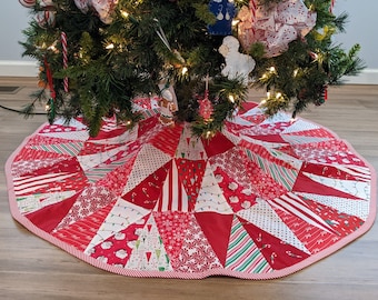 Christmas Tree Skirt, Handmade Quilted Patchwork, Cotton Fabric, 2 Sizes, 12 Fabrics