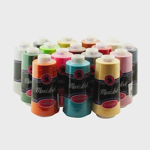 May include: A collection of fifteen Maxi-Lock all-purpose serger thread cones in various colors including orange, teal, yellow, pink, green, white, and black. Each cone features a black label with the text Maxi-Lock and a sewing machine icon.