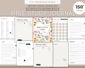 May include: A digital printable Bible study journal with a floral design. The journal includes sections for reading plans, creative space, sermon notes, scripture reading, and more. The cover features a watercolor floral design with the text "Bible Study Journal".