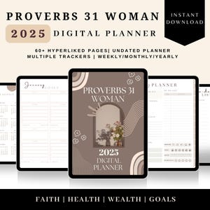Puede incluir: Un planificador digital para 2025 con un fondo marrón y una ventana con flores. El planificador se titula "Proverbs 31 Woman" e incluye el texto "60+ páginas hipervinculadas | Planificador sin fecha | Múltiples rastreadores | Semanal/Mensual/Anual".