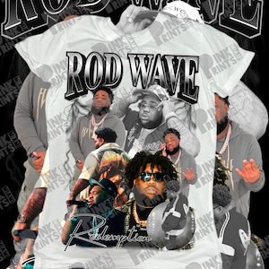 May include: White t-shirt with a graphic design featuring the text "ROD WAVE" and images of a man. The word "Redemption" is also visible. The design is in black and white.