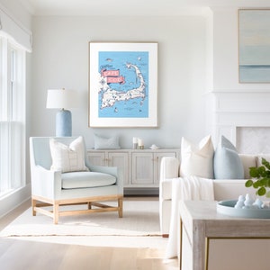 Cape Cod Karte, Giclée-Kunstdruck, Neuengland Küstenlandschaft, Wohnkultur, Massachusetts Geschenk, moderne Vintage Illustration, Casey Kreis