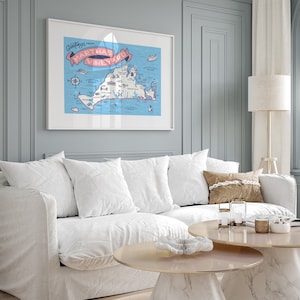 Martha&#39;s Vineyard Map, Giclee Art Print, New England Coastal Home Decor, Massachusetts Gift, Modern Vintage Illustration, Casey Circle