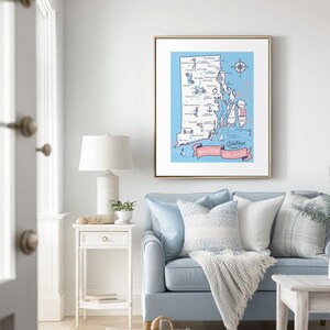Kaart van Rhode Island, Giclee Art Print, New England Coastal Home Decor, Rhode Island Gift, Moderne Vintage Illustratie, Casey Circle
