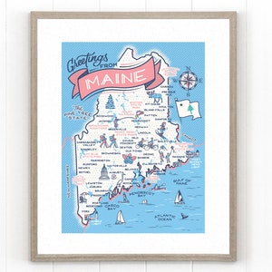 Maine State Map, Giclee Art Print, New England Coastal Home Decor, Maine Gift, Moderne Vintage Illustratie, Casey Circle