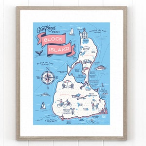 Block Island kaart, Giclee Art Print, New England Coastal Home Decor, Rhode Island Gift, moderne vintage illustratie, Casey Circle