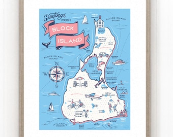 Block Island Map Art Print, Coastal New England Decor