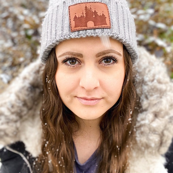 Sleeping Beauty Castle Beanie, Disney Beanie, Disneyland Beanie, Patch Beanie, Winter Beanie, Pom Beanie, Leather Patch Beanie