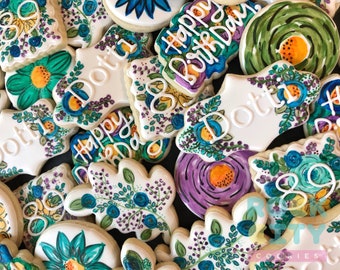 Watercolor Birthday Cookies, Watercolor Birthday Theme, Flower Cookies, Watercolor Cookies, Watercolor Flower Birthday Cookies