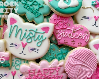 Cat Birthday Customizable Cookies, Happy Purr-thday, Cat Birthday Cookies, Cat Birthday Theme, Customizable Decorated Sugar Cookies
