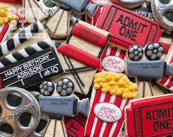 Movie Cookies, Movie Birthday Cookies, Movie Birthday Theme, Movie Party Theme, Cinema Cookies, Cinema Birthday Cookies, Director Cookies