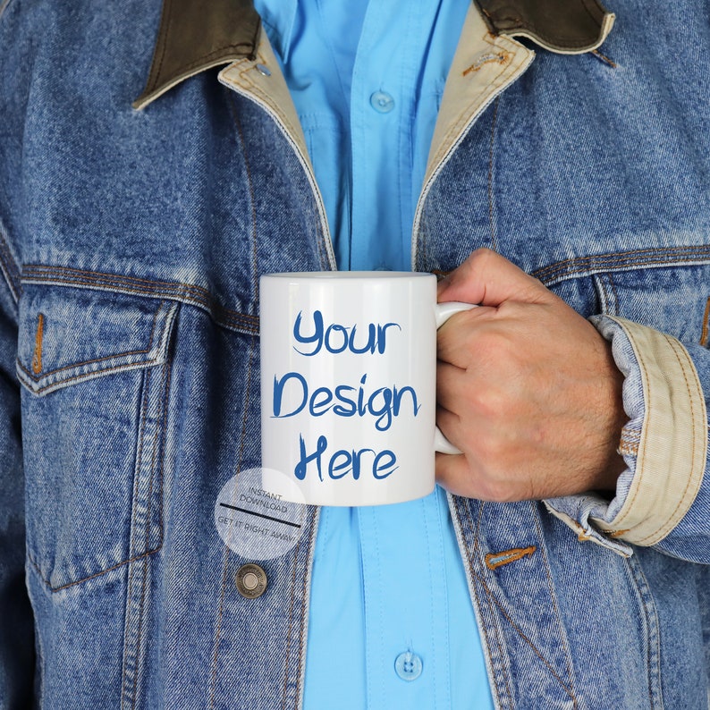 Download Coffee Mug Mockup Man With Blue Denim Jacket-Mug Mockup | Etsy