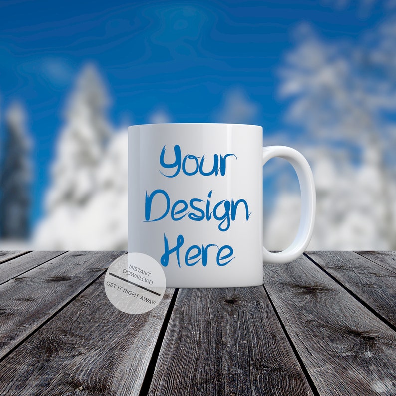 Download Mug Mockup-Distressed Wood Table & Winter Scene Mug Mock ...