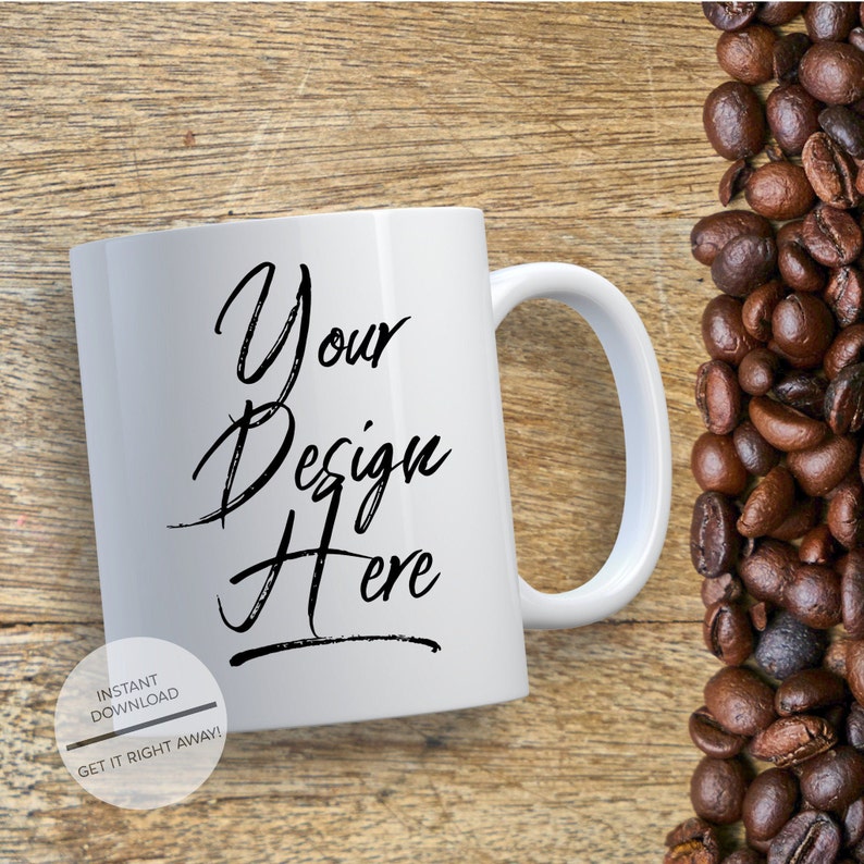 Download Mug Mockup-Wooden Table With Coffee Beans Mug Mock-up ...