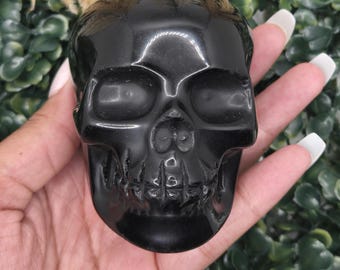 Polished Black Obsidian Crystal Skulls, Gift for Crystal Collector, Crystals for Men, Carved Crystals, Skull Decor, Whimsical Carved Crystal