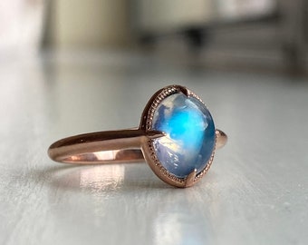 14k Rose Gold Moonstone Ring with Milgrain, Solid Gold