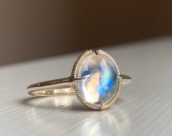 14k Moonstone Ring with Milgrain Detailing