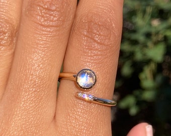 14k Moonstone and Diamond Crossover Ring