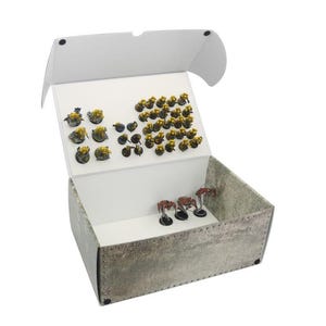 May include: An open, rectangular box with a hinged lid, filled with miniature figurines. The box has a textured, metallic appearance. The figurines are in various poses and colors, including yellow, brown, and black.