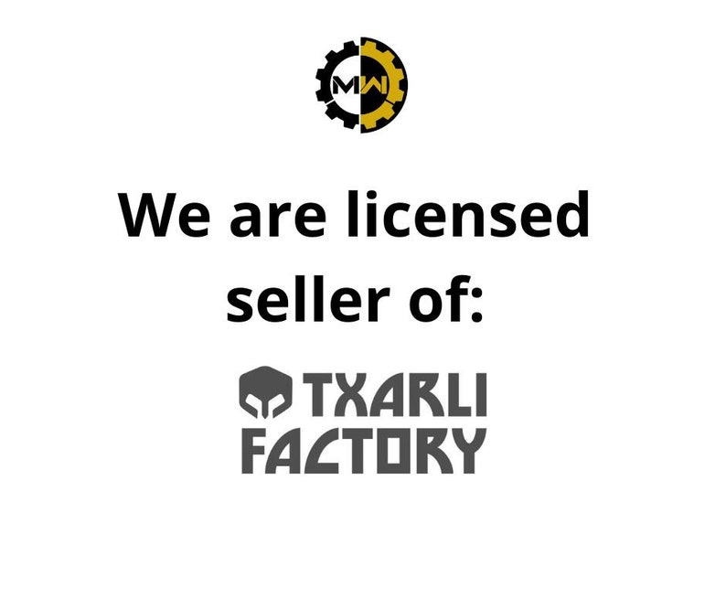 May include: We are a licensed seller of: TXARLI FACTORY. The text is in black and white, and the logo is a stylized black and white warrior head.