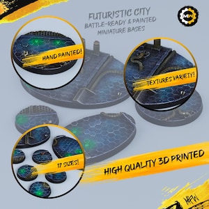 May include: Futuristic City miniature bases, hand-painted and 3D printed in 17 sizes. The bases feature a blue and green color scheme with a hexagonal pattern and various textures.