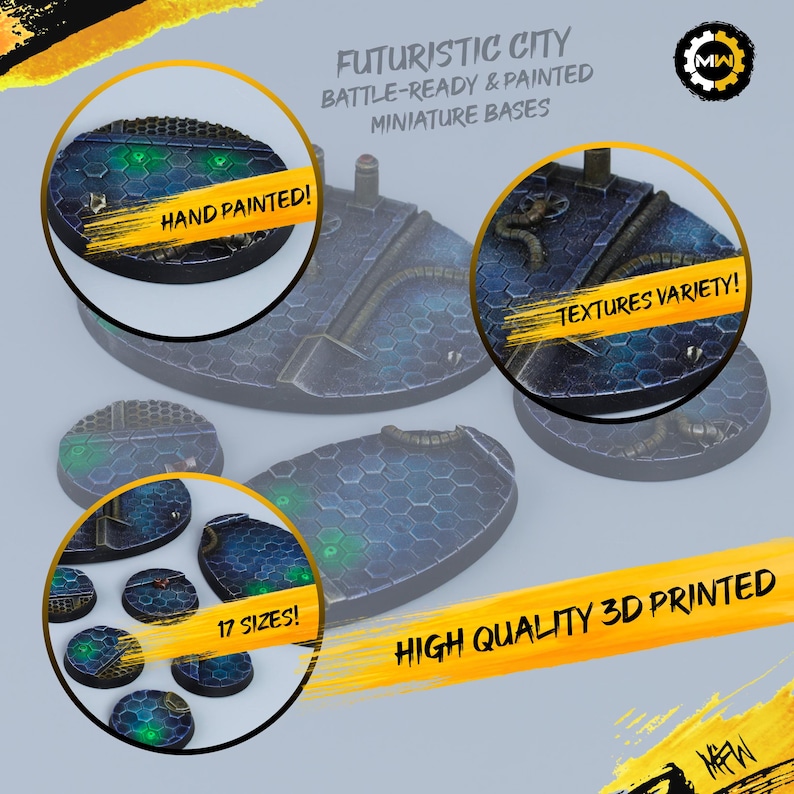 May include: Futuristic City miniature bases, hand-painted and 3D printed in 17 sizes. The bases feature a blue and green color scheme with a hexagonal pattern and various textures.