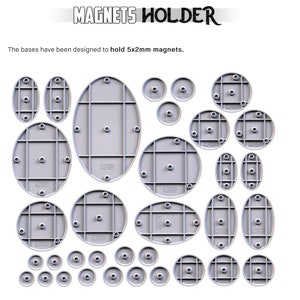 May include: A set of 20 round and oval-shaped bases designed to hold 5x2mm magnets. The bases are made of a light gray plastic and have a grid pattern on the surface. The bases are labeled "Citadel Factory".