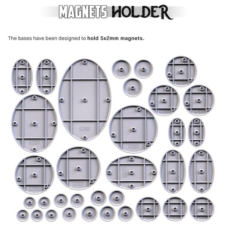 May include: A set of 20 round and oval-shaped bases designed to hold 5x2mm magnets. The bases are made of a light gray plastic and have a grid pattern on the surface. The bases are labeled "Citadel Factory".