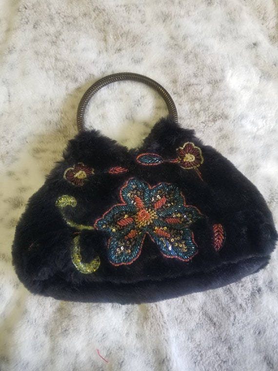 Black Faux Fur Vintage Beaded Purse - image 1