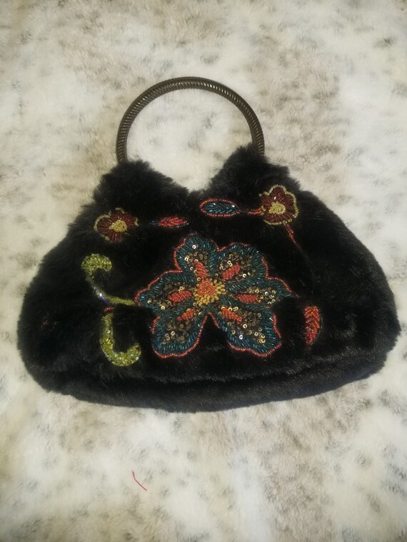 Black Faux Fur Vintage Beaded Purse - image 2