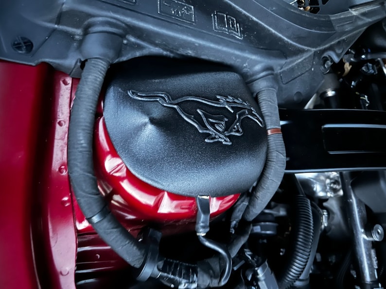May include: Close-up of a black engine cover with a silver Ford Mustang logo. The cover is attached to a red engine compartment.