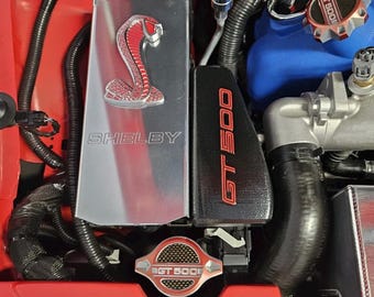 May include: Close-up of a red and black engine compartment of a 2013 Shelby GT500 with a silver engine cover with a red snake logo and the word "SHELBY" in black lettering. The engine cover is labeled "GT 500" in red lettering. The engine compartment also has a red and black cap labeled "GT 500".
