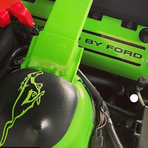 以下が含まれることがあります： 緑色のエンジンカバーのクローズアップ。黒い走る馬のロゴと黒い文字で「BY FORD」の文字が書かれている。