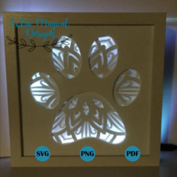 3D Mandala Animal Dog Cat Paw Print Paper Cut Light Box 3D Shadow Box Digital Download SVG Template