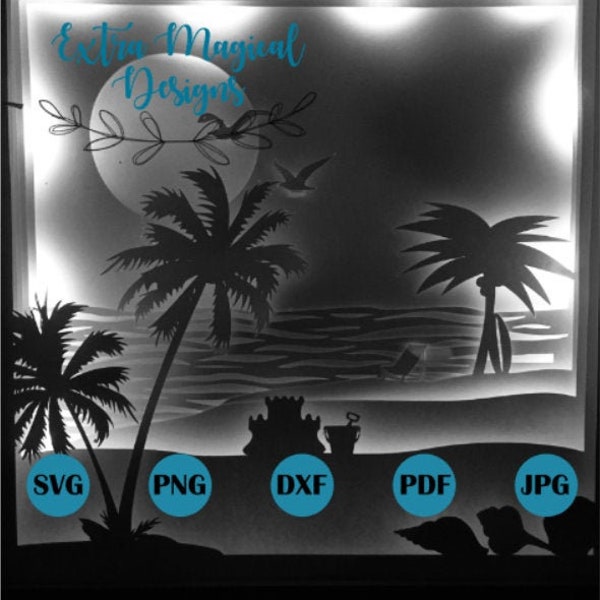 Summer Beach Paper Cut Light Box 3D Shadow Box Digitial Download SVG Template