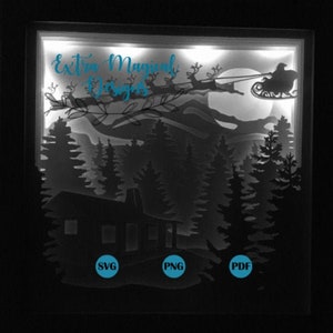 Weihnachten Santa Claus fliegen über Kabine im Wald Papier geschnitten Licht Box 3D Shadow Box Digitial Download SVG Vorlage