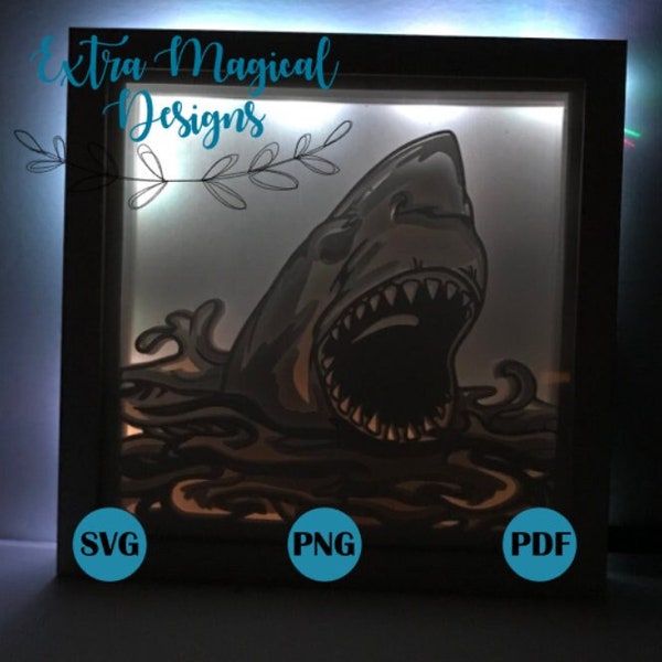 Shark Ocean Paper Cut Light Box 3D Shadow Box Digital Download SVG Template Shark Ocean Paper Cut Light Box 3D Shadow Box Digital Download SVG Template
