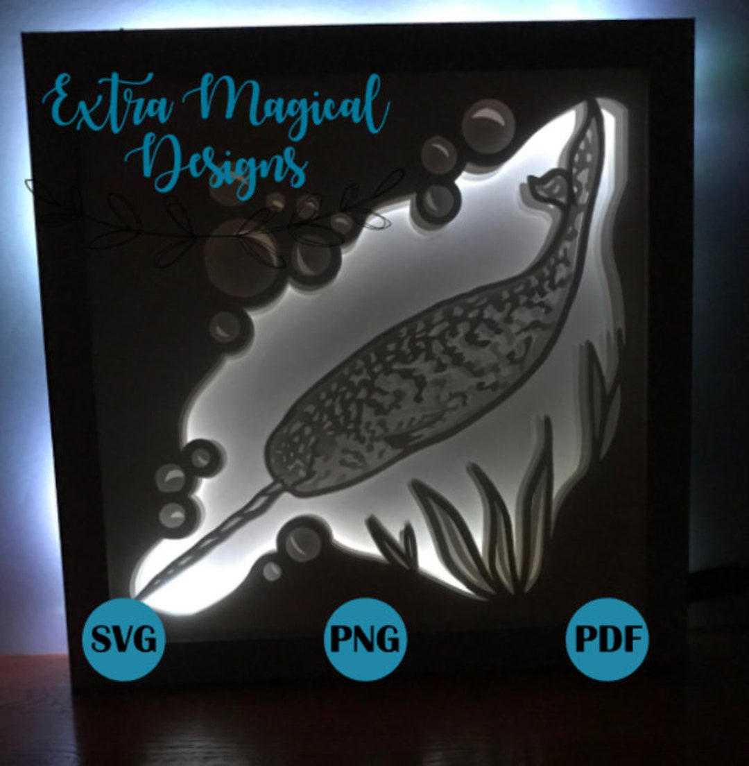 Narwhal Whale Ocean Paper Cut Light Box 3D Shadow Box Digital Download ...