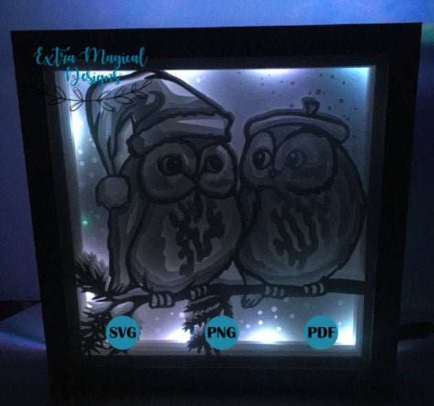 Christmas Owl Couple Paper Cut Light Box 3D Shadow Box Digital Download SVG Template