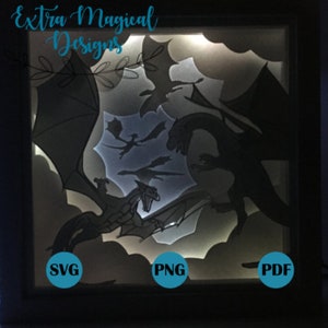 Mythical Creature Dragons Flying in Sky Paper Cut Light Box 3D Shadow Box Digitial Download SVG Template