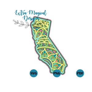 3D Mandala United States State of California Paper Cut File Digital Download SVG Template