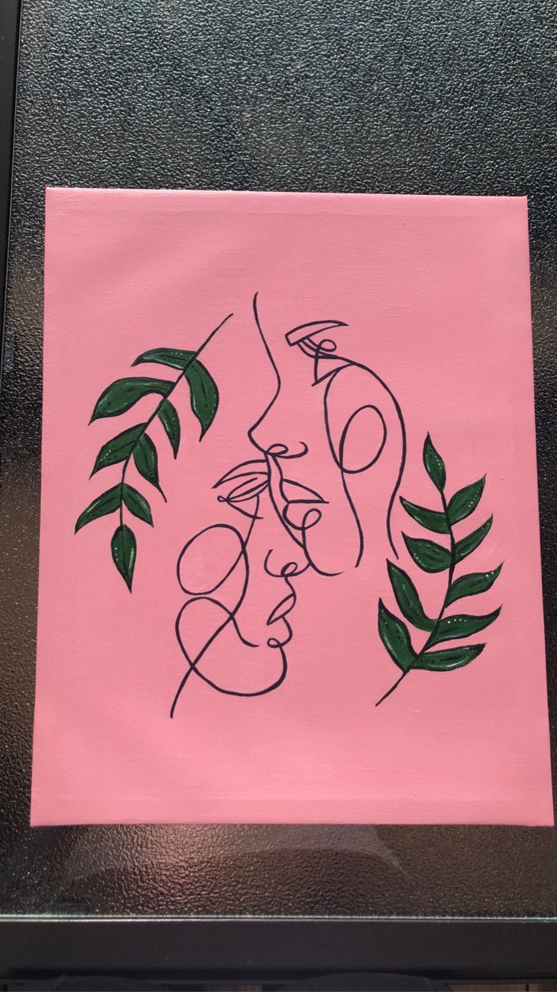 Hand painted canvas wall art with pink backround and green Etsy