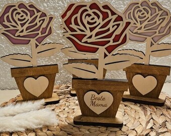 Holzrose, Rose im Topf, Muttertags Geschenk, Holz Deko, Rose aus Holz, Gravur, personalisiert,  Holz Deko