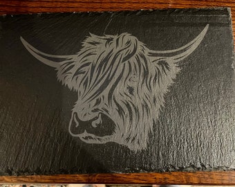 Engraved Highland Cow Slate Table Mat - Personaliseable