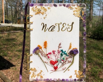 CLEARANCE* Resin Cover Notebook with Real Amethyst Stones, Gold Flakes, and Real Dried Flowers | Journal | Writing | Resin Art |