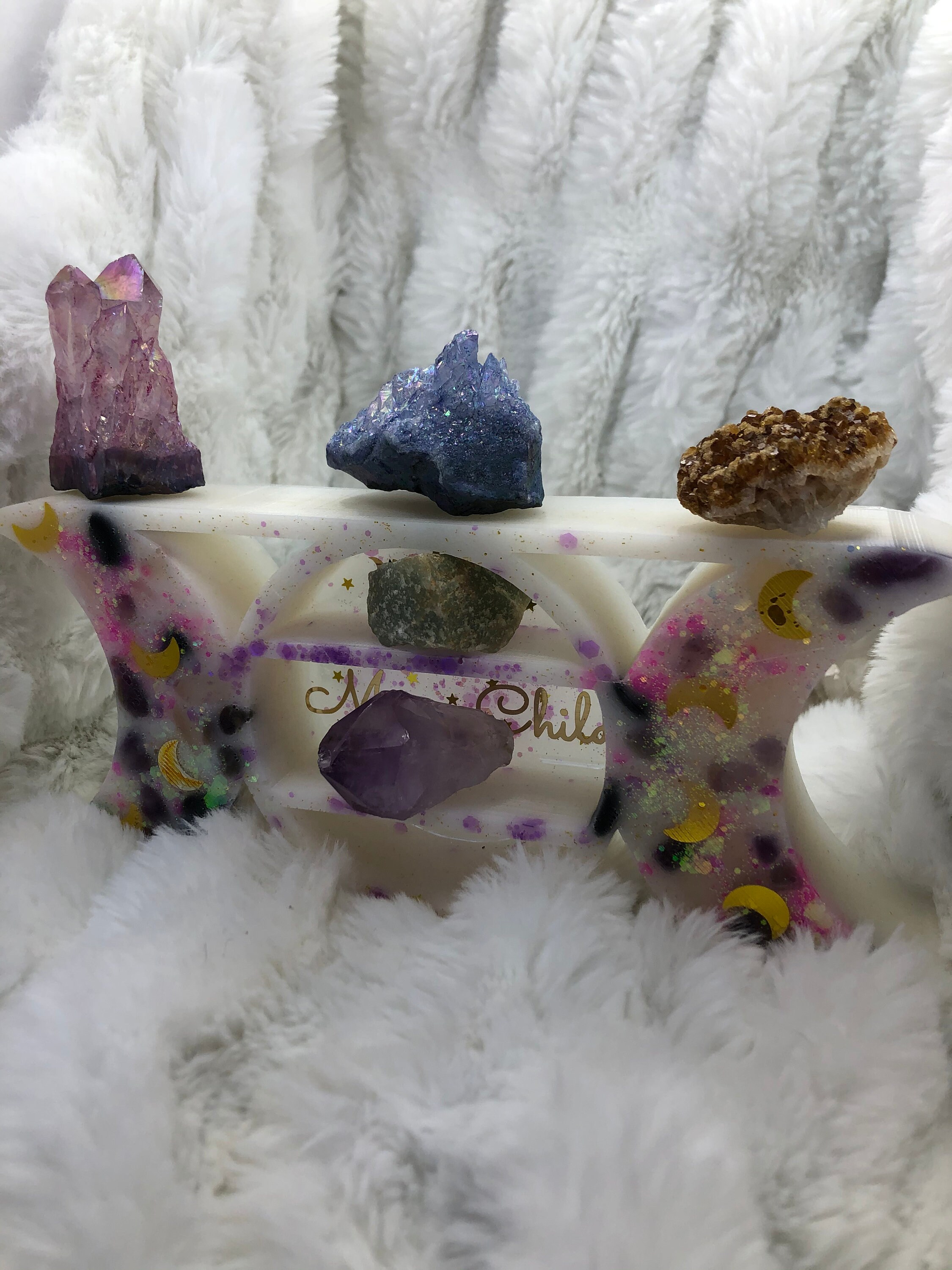 White Moon Child Shelf With Real Crystals Covered in Glittery Etsy