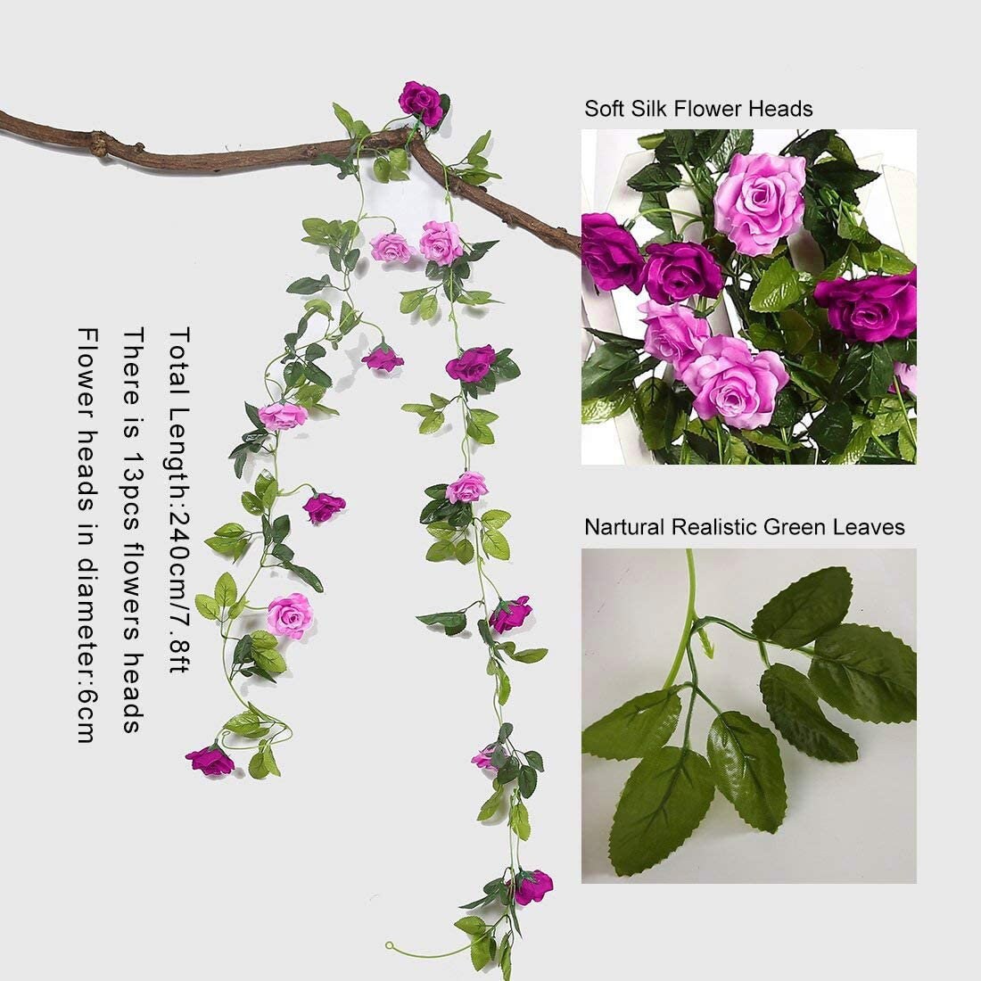 2PCS Artificial Pink Rose Vines Flowers 7.9FT Garland Hanging Etsy