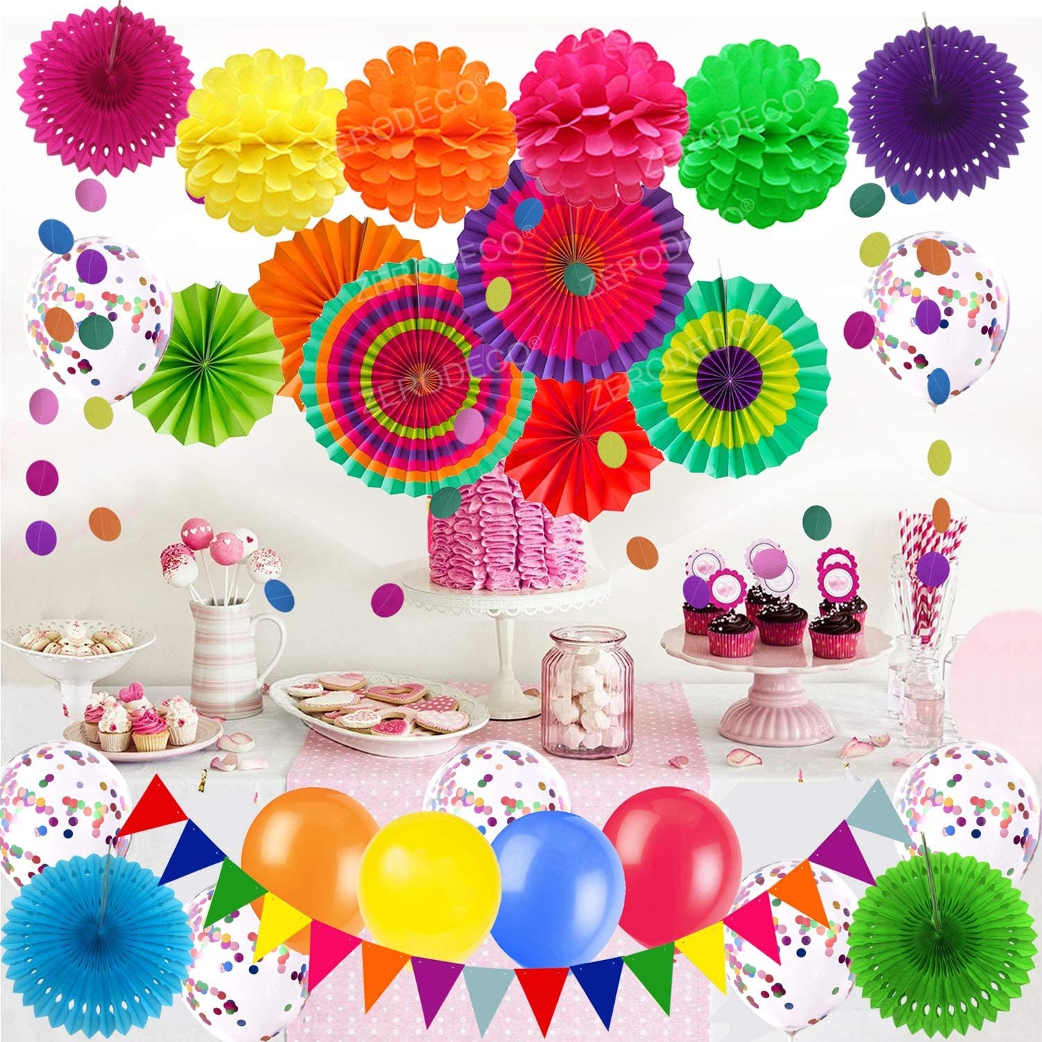 Party Decoration 21 Pcs Multicolor Hanging Paper Fans Pom Poms | Etsy