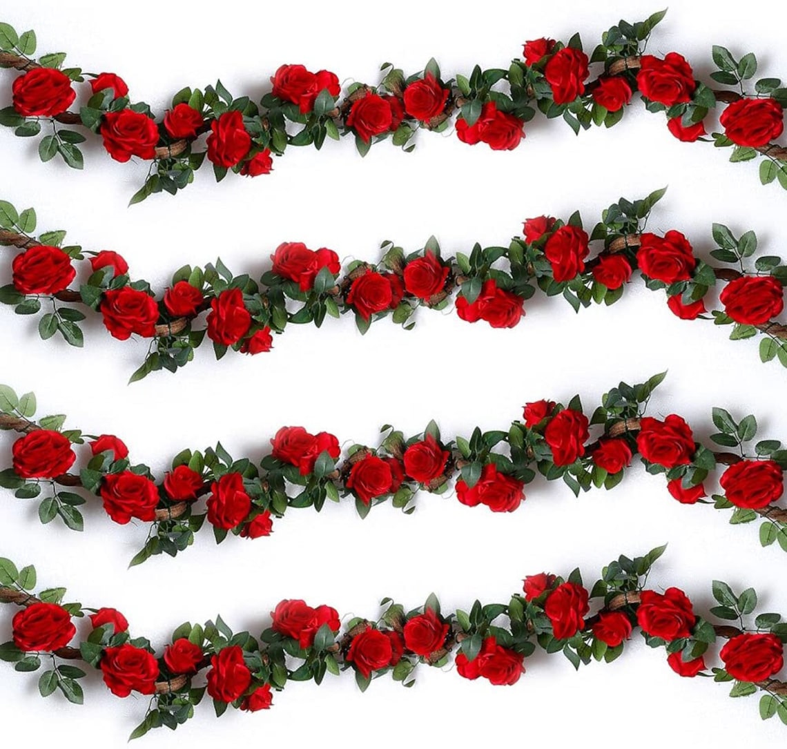 4PCS Red Rose Decor Artificial Garlands Rose Vines 28FT Silk Etsy